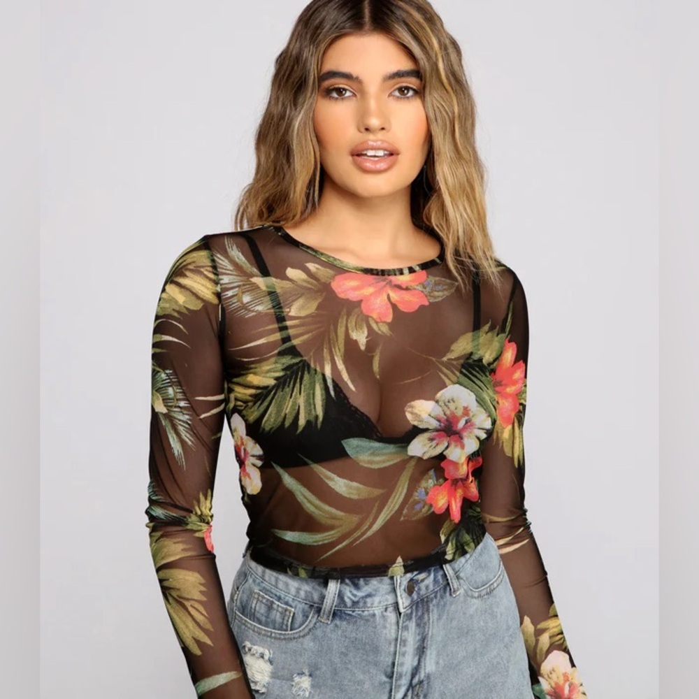 Tropical Long Sleeve Mesh Crop Top